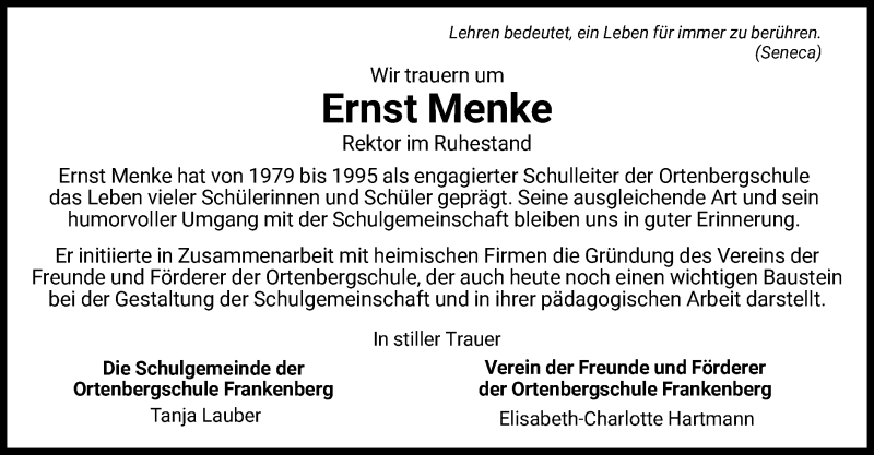  Traueranzeige für Ernst Menke vom 12.04.2022 aus HNA