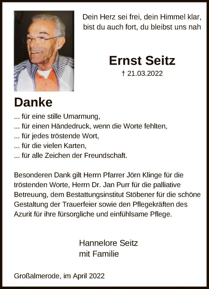  Traueranzeige für Ernst Seitz vom 02.04.2022 aus HNA