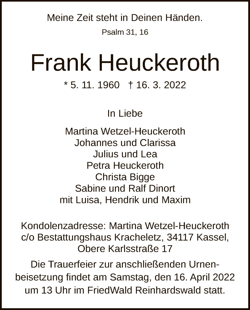  Traueranzeige für Frank Heuckeroth vom 02.04.2022 aus HNA