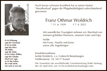 Traueranzeige von Franz Othmar Woldrich von HNA