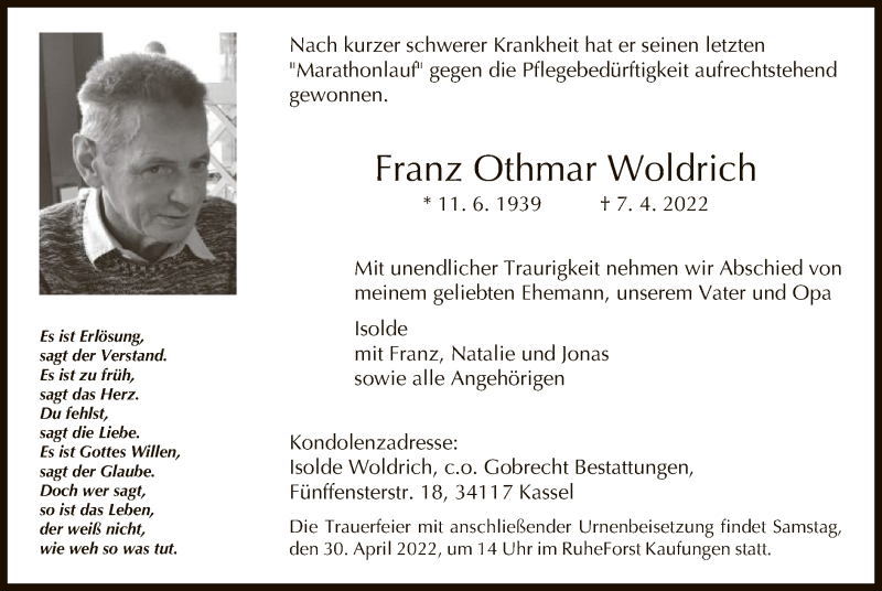  Traueranzeige für Franz Othmar Woldrich vom 23.04.2022 aus HNA