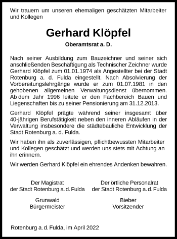 Traueranzeige von Gerhard Klöpfel von HNA