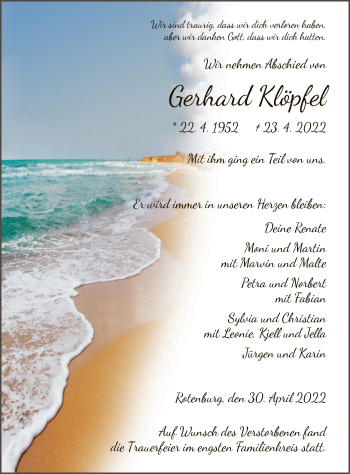 Traueranzeige von Gerhard Klöpfel von HNA