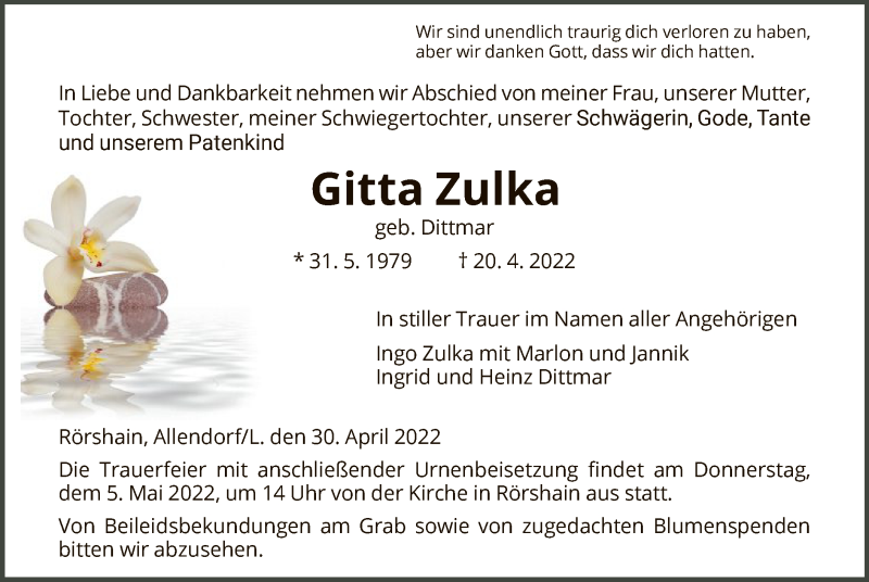  Traueranzeige für Gitta Zulka vom 30.04.2022 aus HNA