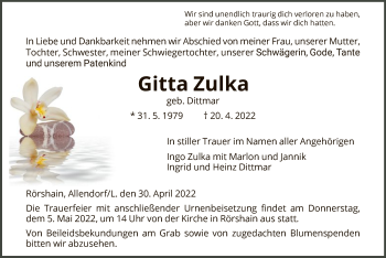 Traueranzeige von Gitta Zulka von HNA