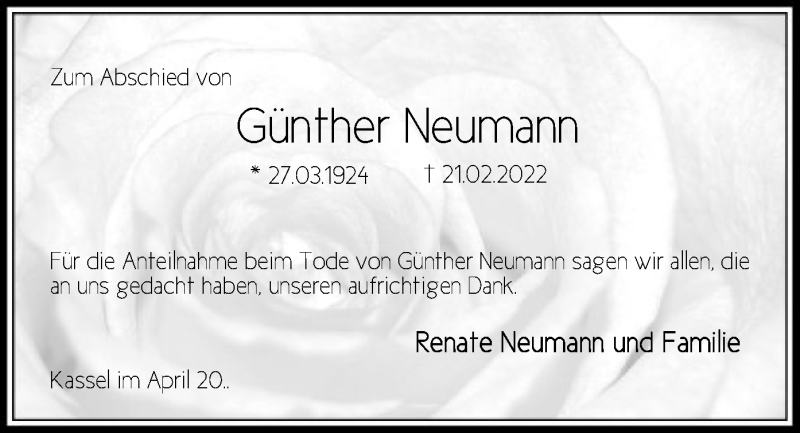  Traueranzeige für Günther Neumann vom 16.04.2022 aus HNA