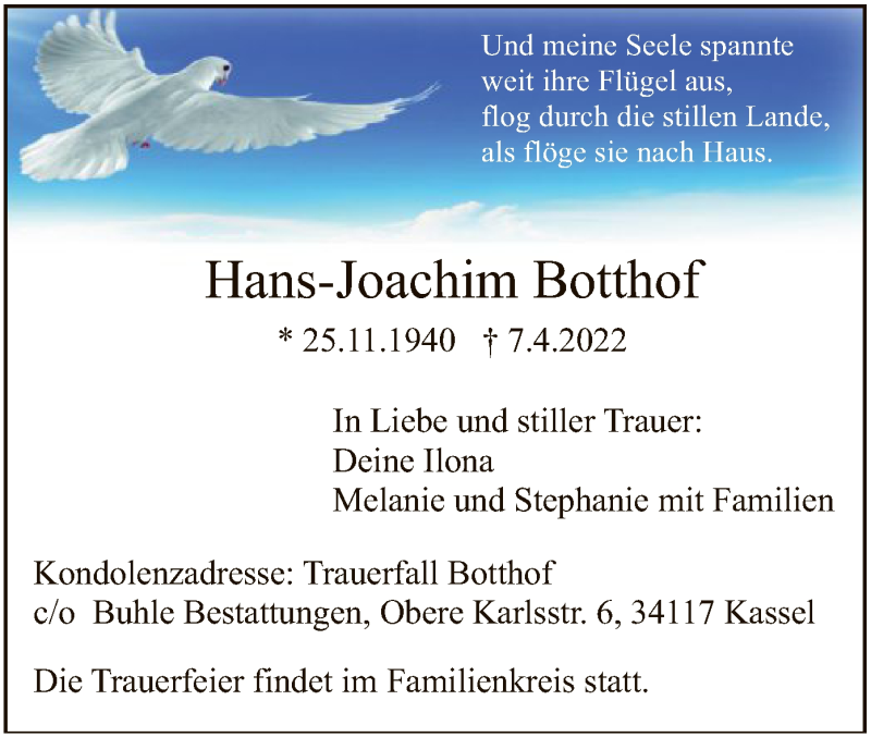  Traueranzeige für Hans-Joachim Botthof vom 16.04.2022 aus HNA