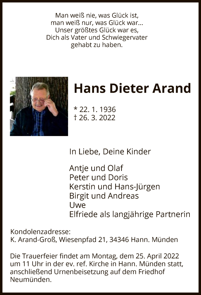  Traueranzeige für Hans Dieter Arand vom 16.04.2022 aus HNA