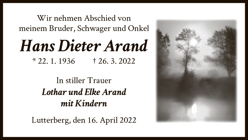  Traueranzeige für Hans Dieter Arand vom 16.04.2022 aus HNA