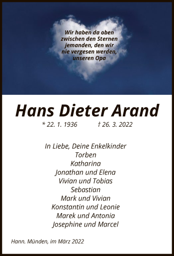 Traueranzeige von Hans Dieter Arand von HNA