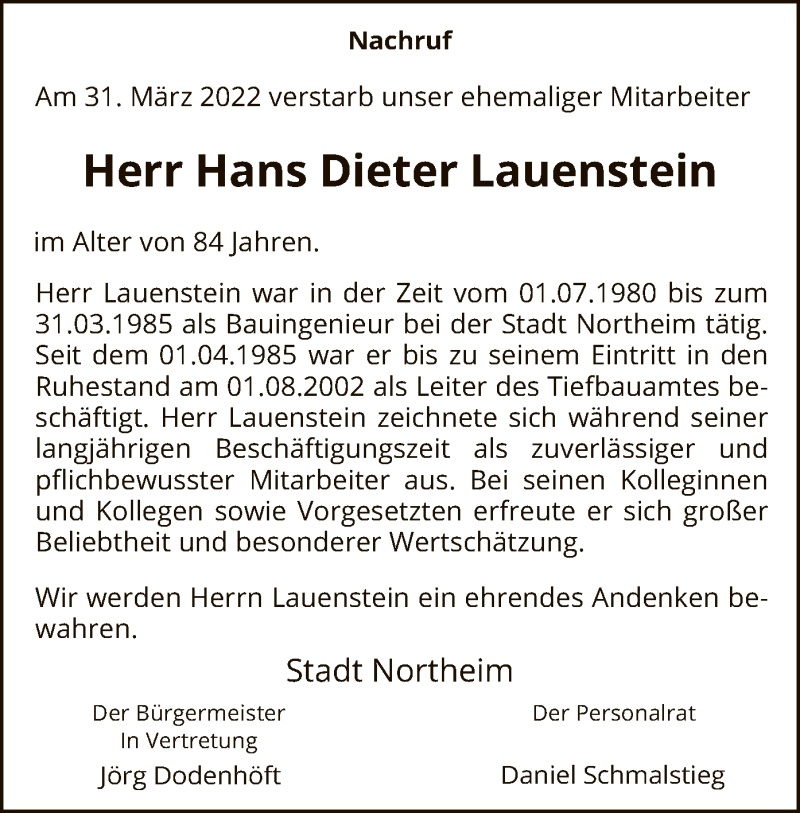  Traueranzeige für Hans Dieter Lauenstein vom 25.04.2022 aus HNA