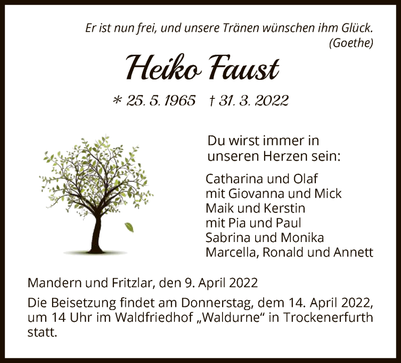  Traueranzeige für Heiko Faust vom 09.04.2022 aus HNA