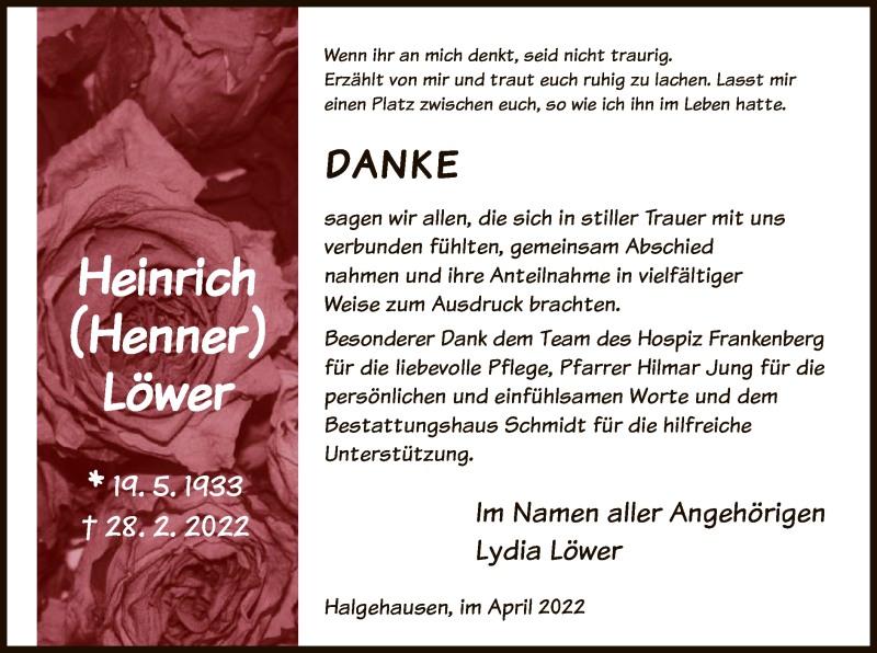  Traueranzeige für Heinrich Löwer vom 13.04.2022 aus HNA