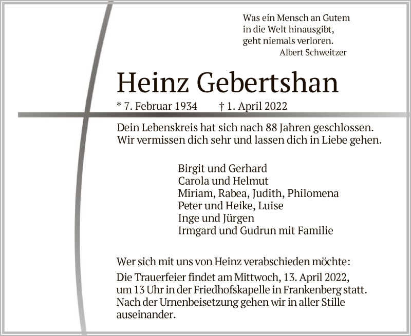  Traueranzeige für Heinz Gebertshan vom 09.04.2022 aus HNA