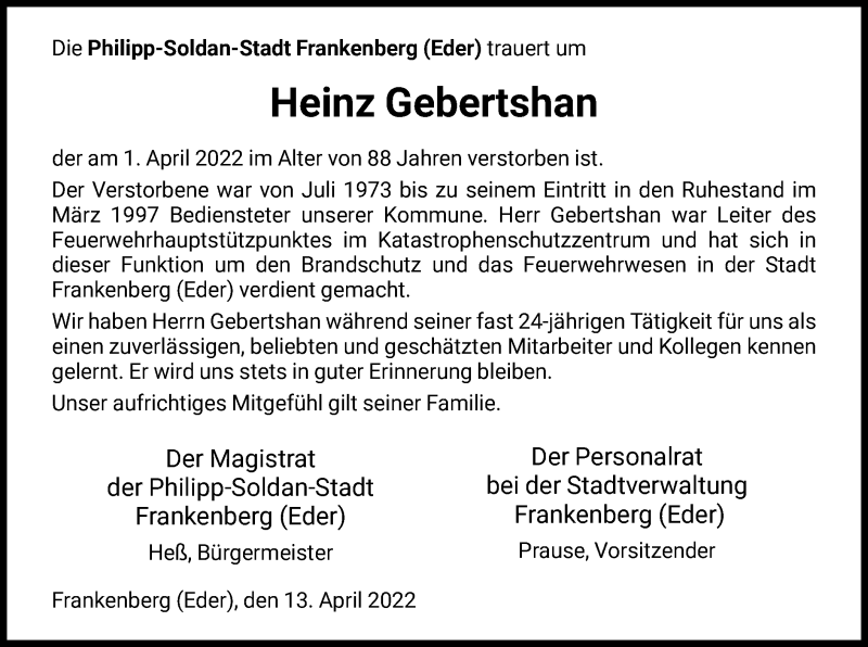  Traueranzeige für Heinz Gebertshan vom 13.04.2022 aus HNA