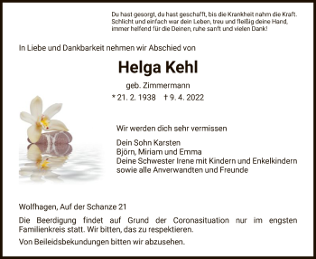 Traueranzeige von Helga Kehl von HNA