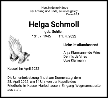 Traueranzeige von Helga Schmoll von HNA