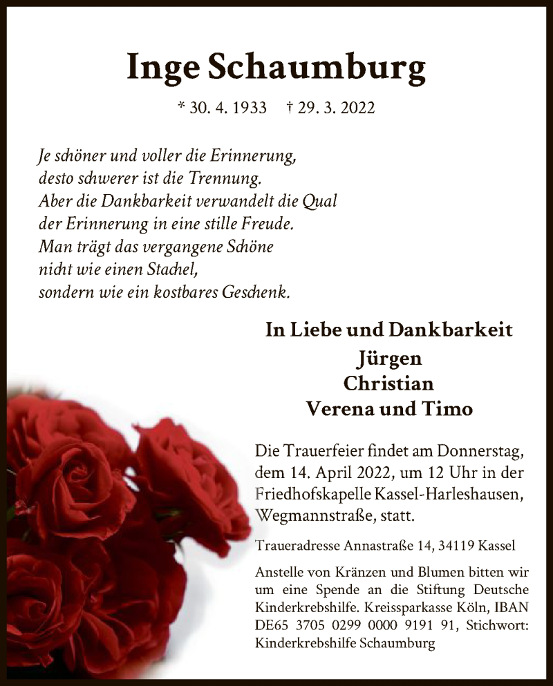  Traueranzeige für Inge Schaumburg vom 09.04.2022 aus HNA