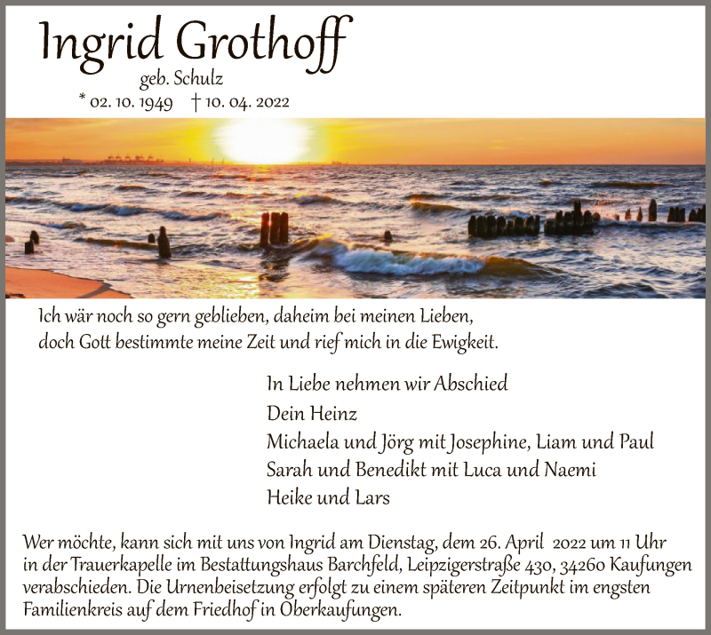  Traueranzeige für Ingrid Grothoff vom 16.04.2022 aus HNA