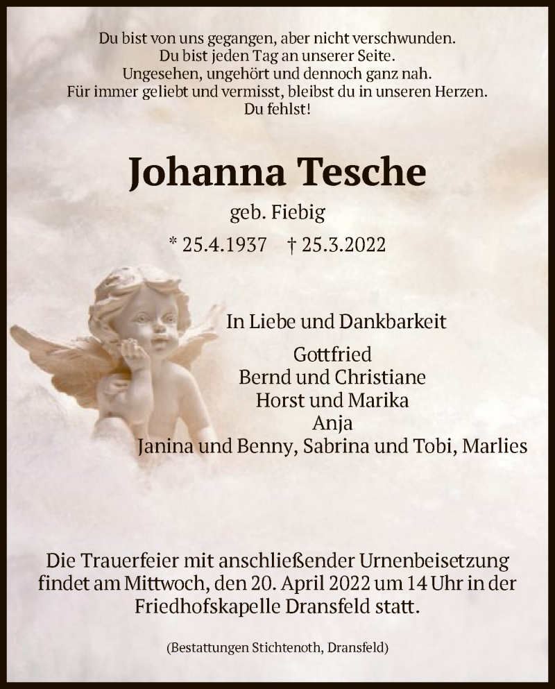  Traueranzeige für Johanna Tesche vom 09.04.2022 aus HNA