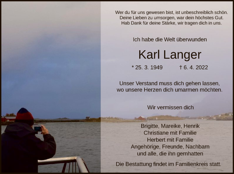  Traueranzeige für Karl Langer vom 14.04.2022 aus HNA