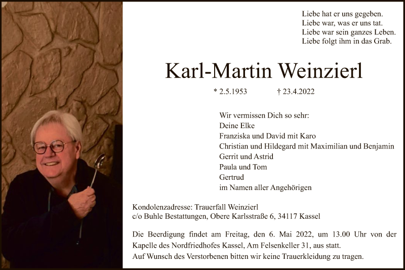  Traueranzeige für Karl-Martin Weinzierl vom 30.04.2022 aus HNA