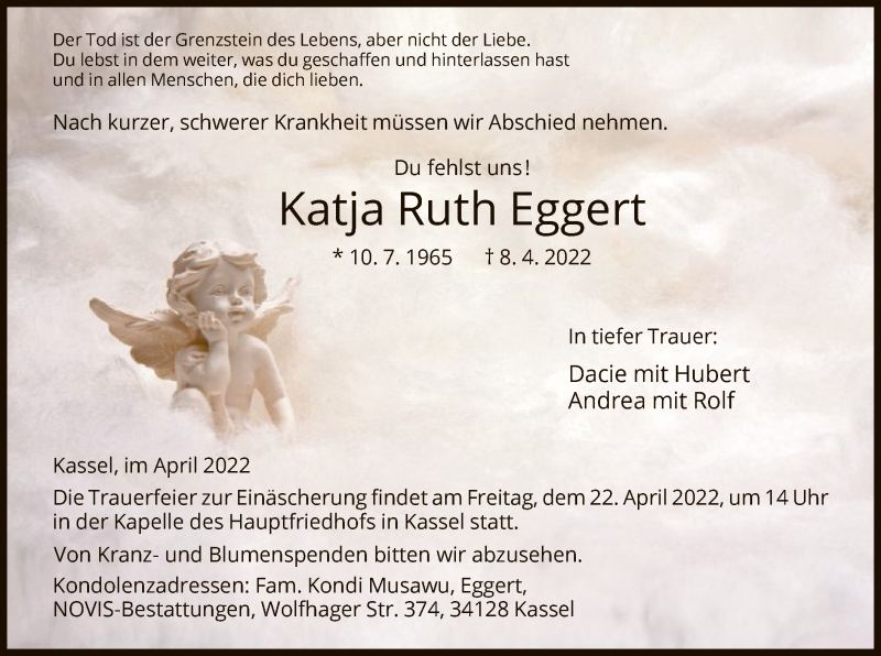  Traueranzeige für Katja Ruth Eggert vom 20.04.2022 aus HNA