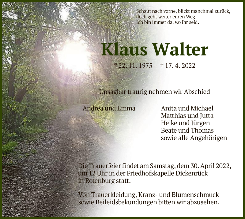  Traueranzeige für Klaus Walter vom 27.04.2022 aus HNA