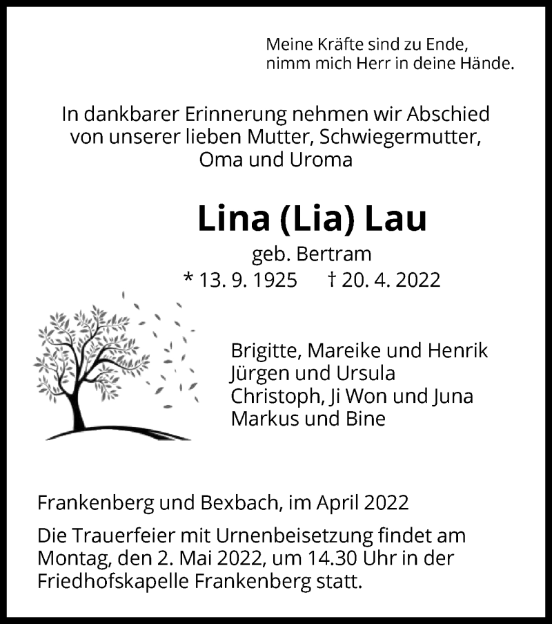  Traueranzeige für Lina Lau vom 30.04.2022 aus HNA