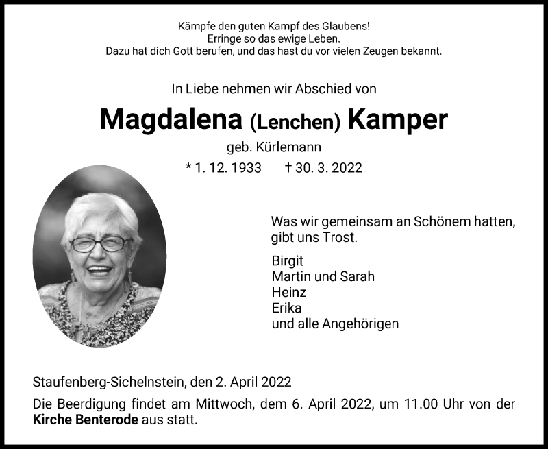  Traueranzeige für Magdalena Kamper vom 02.04.2022 aus HNA