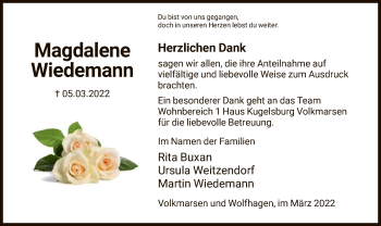 Traueranzeige von Magdalene Wiedemann von HNA
