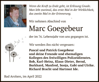 Traueranzeige von Marc Goegebeur von HNA