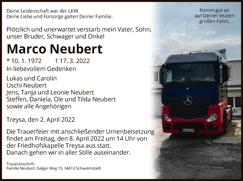  Traueranzeige für Marco Neubert vom 02.04.2022 aus HNA