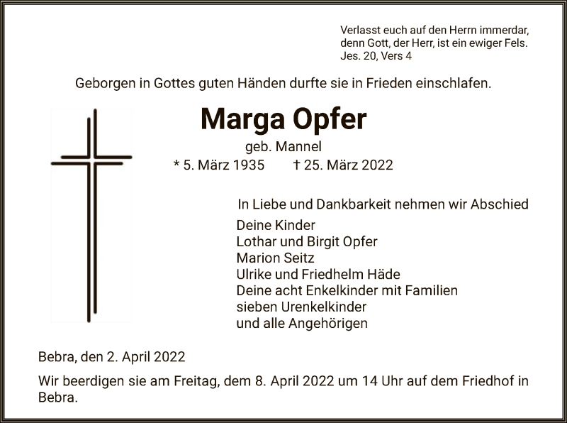  Traueranzeige für Marga Opfer vom 02.04.2022 aus HNA