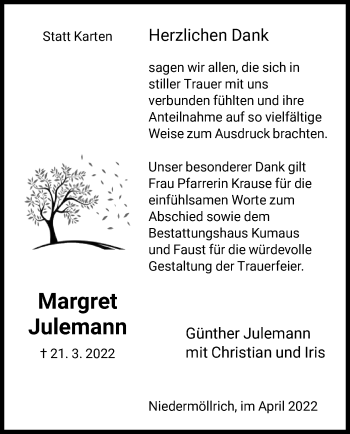 Traueranzeige von Margret Julemann von HNA