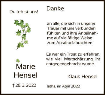 Traueranzeige von Marie Hensel von HNA