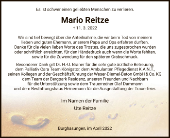 Traueranzeige von Mario Reitze von HNA