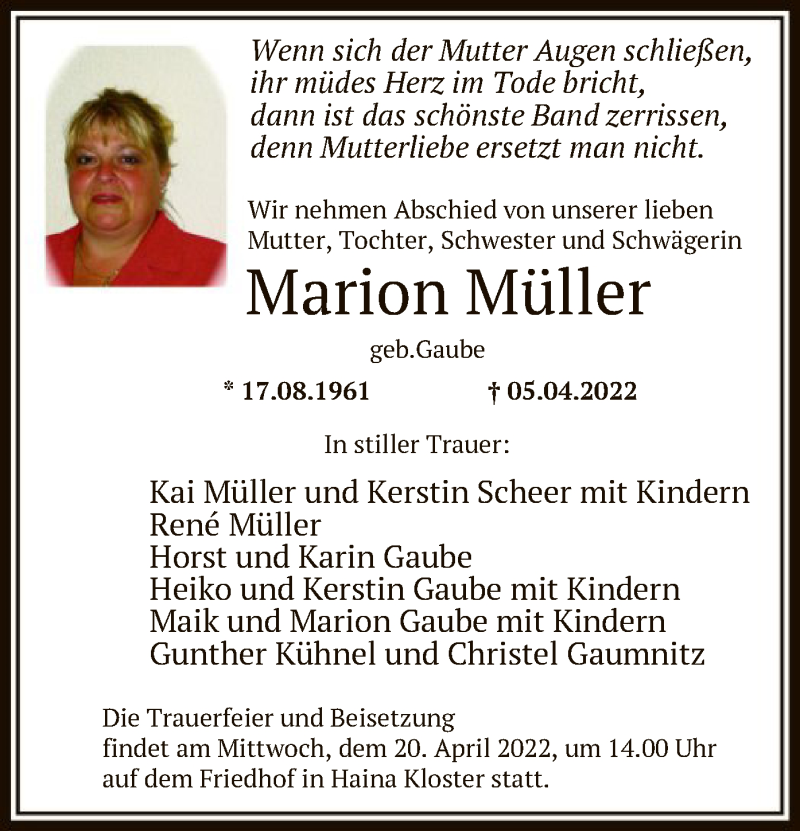  Traueranzeige für Marion Müller vom 16.04.2022 aus HNA