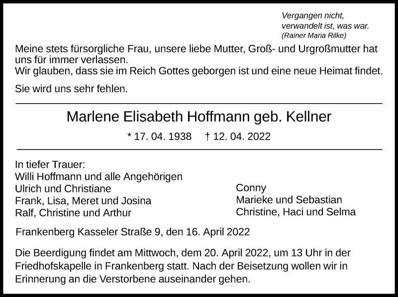  Traueranzeige für Marlene Elisabeth Hoffmann vom 16.04.2022 aus HNA