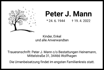 Traueranzeige von Peter J. Mann von HNA
