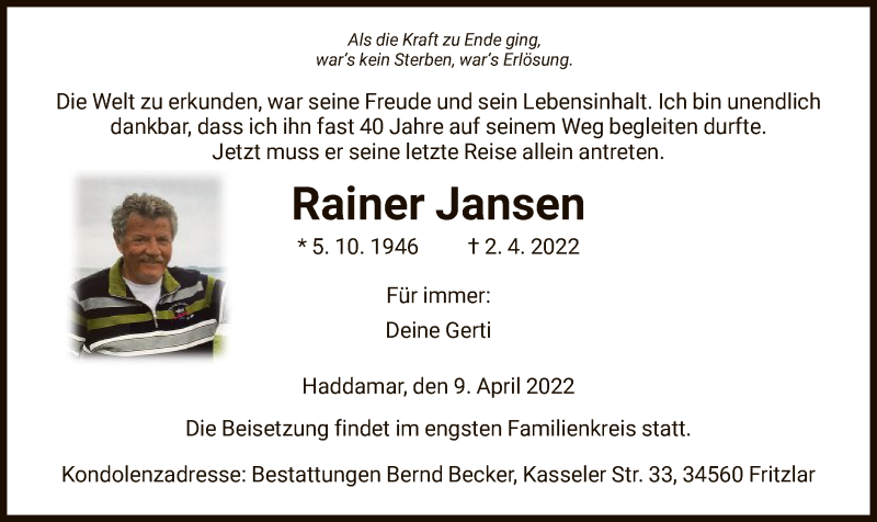  Traueranzeige für Rainer Jansen vom 09.04.2022 aus HNA