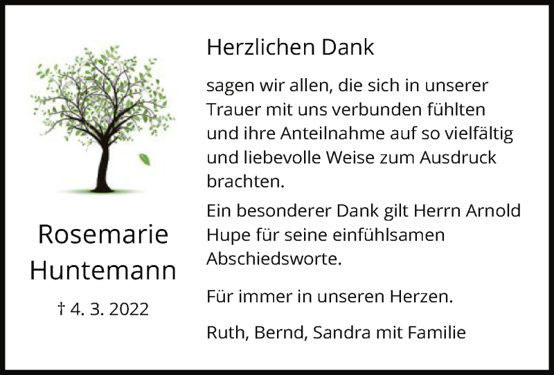 Traueranzeige für Rosemarie Huntemann vom 02.04.2022 aus HNA