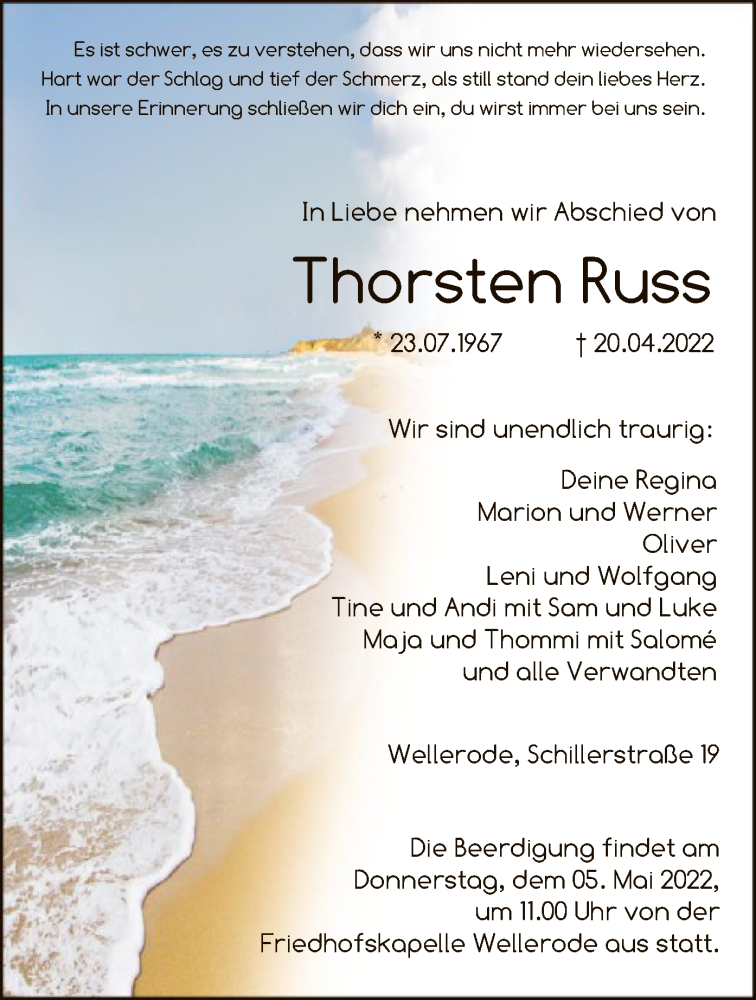  Traueranzeige für Thorsten Russ vom 30.04.2022 aus HNA