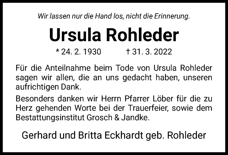  Traueranzeige für Ursula Rohleder vom 30.04.2022 aus HNA