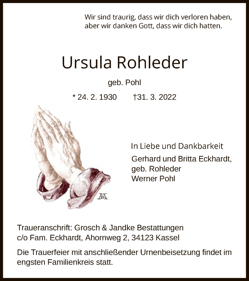  Traueranzeige für Ursula Rohleder vom 09.04.2022 aus HNA