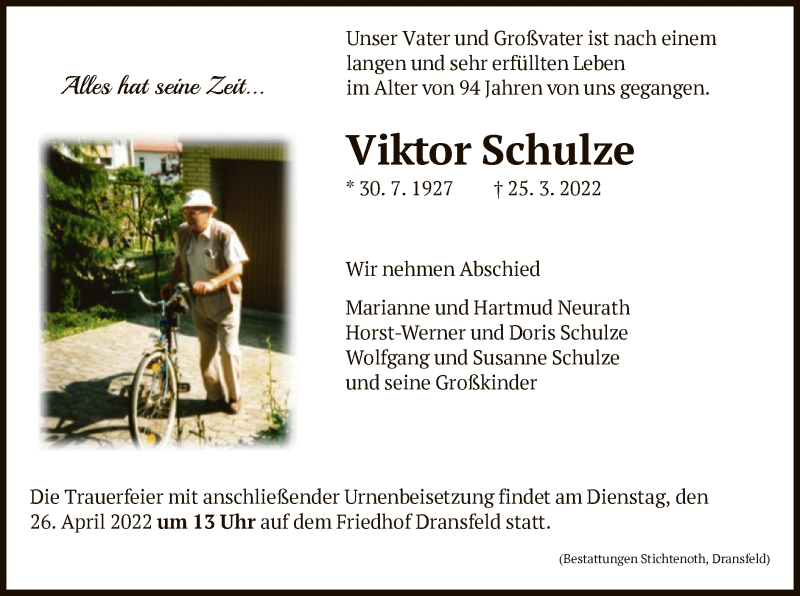  Traueranzeige für Viktor Schulze vom 16.04.2022 aus HNA