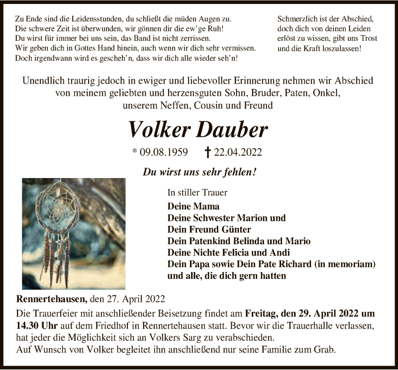  Traueranzeige für Volker Dauber vom 27.04.2022 aus HNA