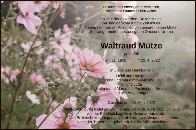  Traueranzeige für Waltraud Mütze vom 26.04.2022 aus HNA