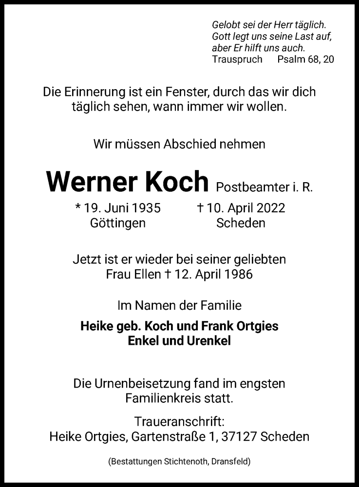  Traueranzeige für Werner Koch vom 30.04.2022 aus HNA