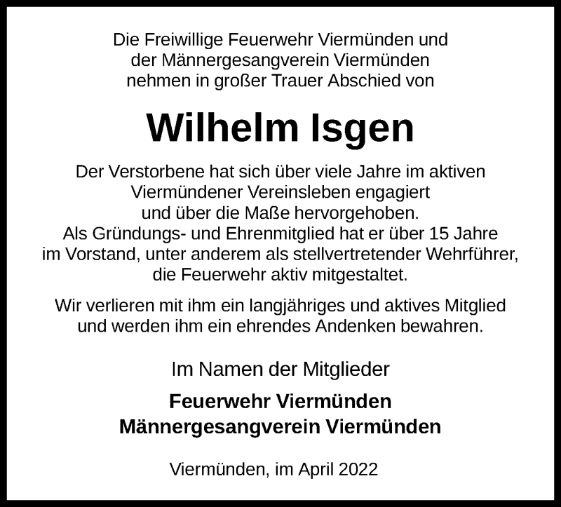  Traueranzeige für Wilhelm Isgen vom 09.04.2022 aus HNA